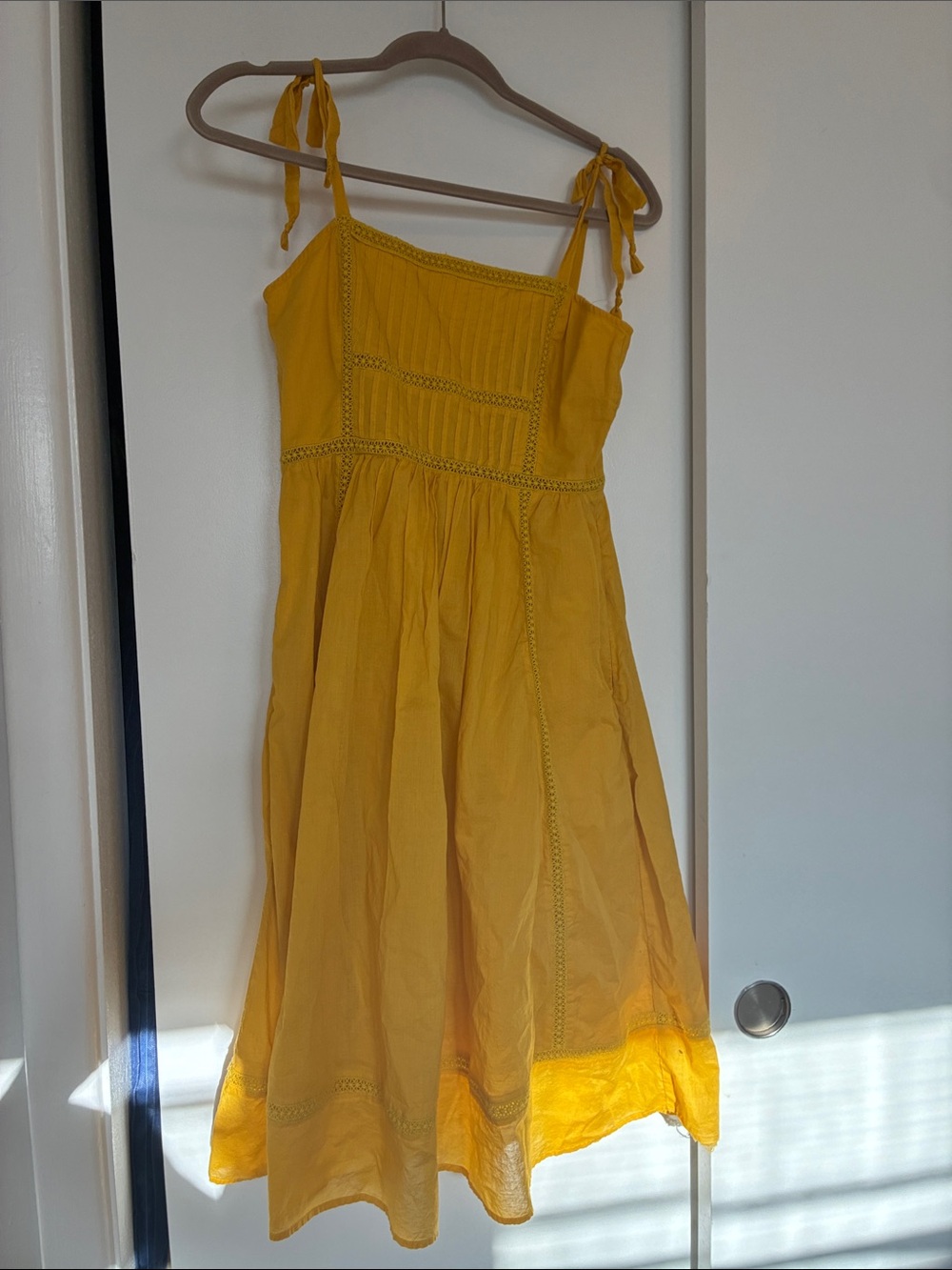 Tie-Shoulder Mustard Midi Dress with Decorative Stitching